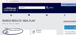 web page mywidner.edu for Faulty staff to purchase a meal plan